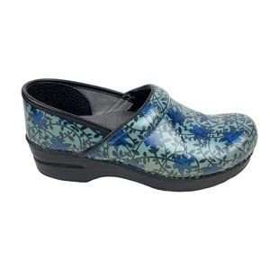 Dansko Floral Clogs Blue Flower Print Vegan Sz 38 US 7.5-8 Comfort Nurse Shoes